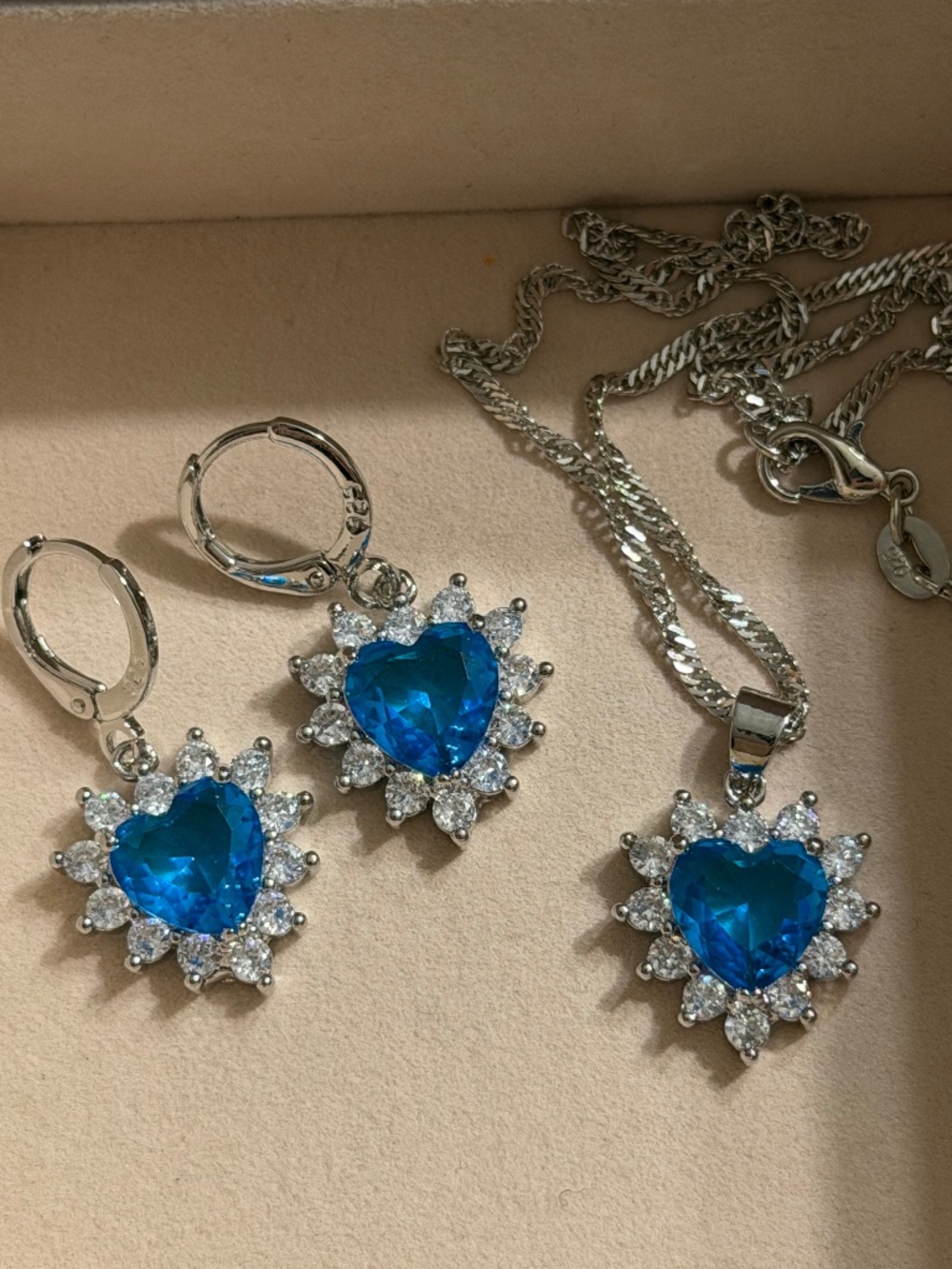 925 Sterling Silver Stamped Blue Ocean Cubic Zirconia Heart Necklace & Earrings